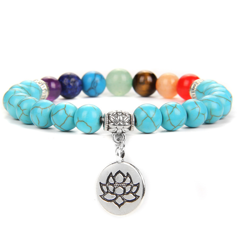 Natural Turquoise Ethnic Style Double Layer Lotus Pendant Bracelet - 8mm Seven-Vein Multicolor Bead Jewelry